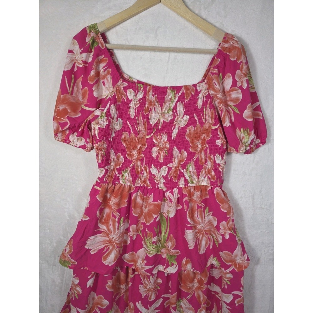 NWT BTFBM Pink Floral Smocked Maxi Dress Puff Sleeve Tiered Boho Women's L - Picture 2 of 12